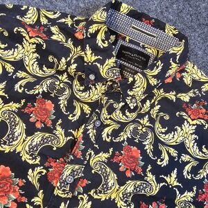 Denim & Flower Ricky Singh Shirt Mens Large Slim Fit Black Gold Floral Paisley